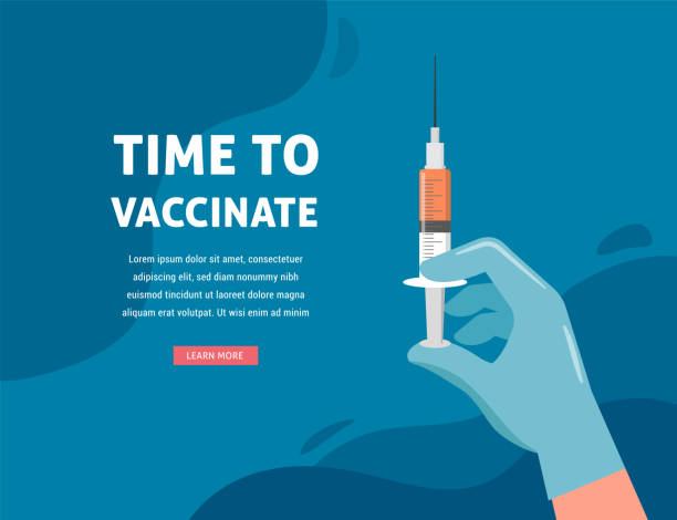 疫苗接種概念設計。接種橫幅的時間 - 顯微鏡和注射器與疫苗為covid-19，流感或流感 - polio 幅插畫檔、美工圖案、卡通及圖標