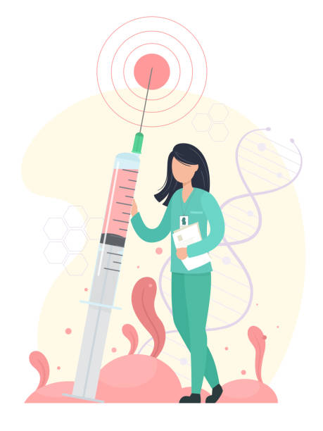 Vaccination concept. Medic girl with a syringe in her hand. A tiny girl in a medical uniform is vaccinating. Vector illustration in cartoon flat style. Vaccination concept. Medic girl with a syringe in her hand. A tiny girl in a medical uniform is vaccinating. Vector illustration in cartoon flat style. hospital cartoon stock illustrations