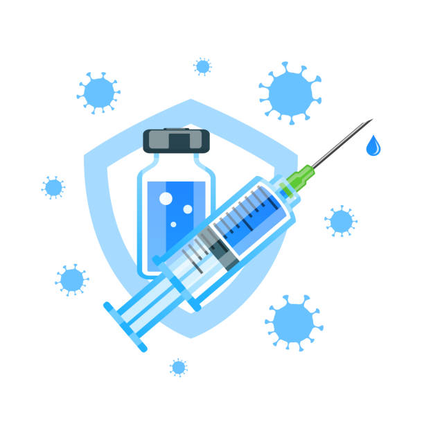 Vaccination concept. Vaccine vial and medical syringe. Virus protection. Isolated vector illustration Vaccination concept. Vaccine vial and medical syringe. Virus protection. Medical treatment and healthcare. Isolated vector illustration covid vaccine stock illustrations
