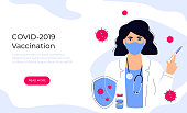 COVID-19 Vaccination. Doctor wearing sanitary mask with stethoscope holding protective shield and vaccine syringe to protect from coronavirus. Landing page template