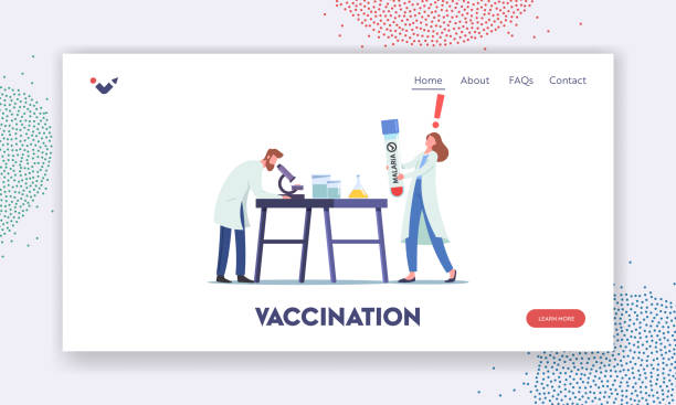 stockillustraties, clipart, cartoons en iconen met vaccination landing page template. scientists research in laboratory with blood infected with malaria, man look in microscope - malaria