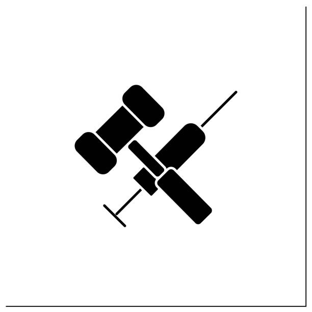 Vaccination law glyph icon Vaccination law glyph icon. Stop mandatory vaccination. Judge gavel and syringe. Legal requirements of vaccine development. Covid-19 vaccine. Filled flat sign. Isolated silhouette vector illustration vaccine mandate stock illustrations