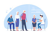 Vector illustration of an elderly woman vaccinated by a doctor and a queue of people waiting. Isolated on background