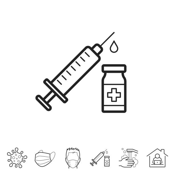 Vaccination - Syringe and vaccine vial. Line icon - Editable stroke Vaccination - Syringe and vaccine vial. Trendy icon isolated on white and blank background for your design. Includes 6 popular icons: - Coronavirus cell (COVID-19), - Medical or surgical face mask, - Man in medical face protection mask, - Vaccination - Syringe and vaccine vial, - Washing hands with soap and water, - Work from home. Vector Illustration (EPS10, well layered and grouped), easy to edit, manipulate, resize or colorize. And Jpeg file of different sizes. medical injection stock illustrations