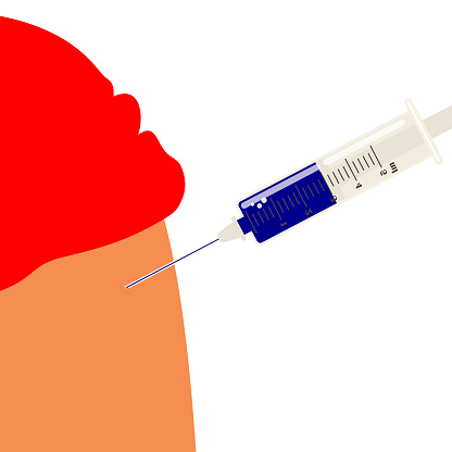 Vaccination. Syringe with needle and dose. The doctor makes an injection in the arm of a person to develop immunity to viruses and bacteria. Medicine and health. Vector.