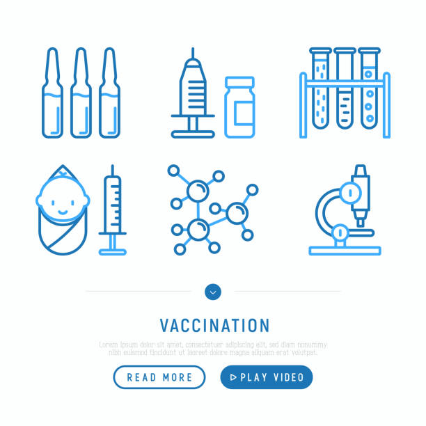 Vaccination thin line icons set: vaccine in syringe, ampoule, vial, microscope, virus, baby. Vector illustration, web page template. Vaccination thin line icons set: vaccine in syringe, ampoule, vial, microscope, virus, baby. Vector illustration, web page template. ampoule stock illustrations
