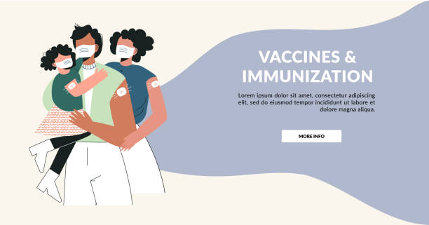 Vaccine and family vaccinated concept. Young parents with kid after injection shot. Health care campaign template. Time to family with children vaccinate banner.  Flat vector layout illustration Vaccine and family vaccinated concept. Young parents with kid after injection shot. Health care campaign template. Time to family with children vaccinate banner.  Flat vector illustration family clipart stock illustrations