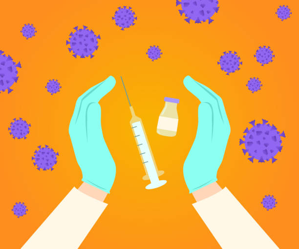 vaccine bottle and syringe between hands against coronavirus cells - omikron stock illustrations