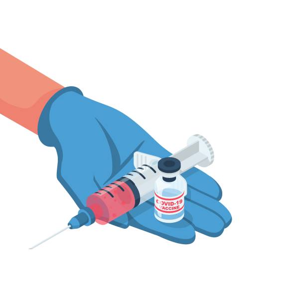 impfstoff-coronavirus-konzept. spritze mit ampulle halten in hand arzt - impfung stock-grafiken, -clipart, -cartoons und -symbole
