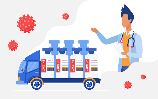 Vaccine delivery, courier track delivering medical vaccine bottles first aid, logistics