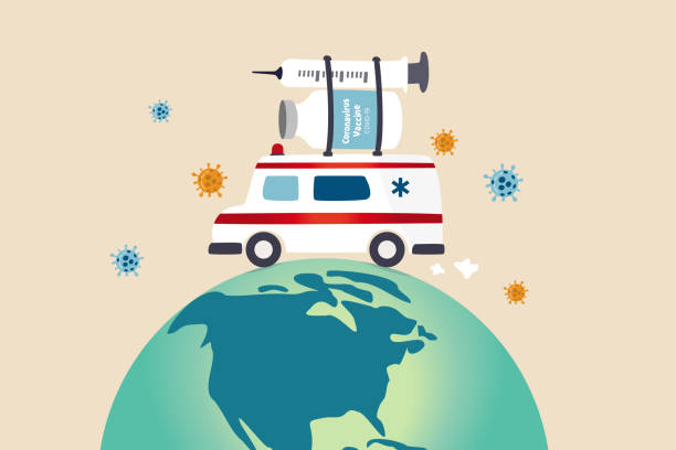 covid-19 백신 유통 승인 후 전 세계 전 세계 covid-19 백신 및 주사기를 운반하는 코로나바이러스 개념, 구급차 또는 의료 트럭으로부터 보호하기 위해 전 세계 발송 준비 - 보내기 stock illustrations