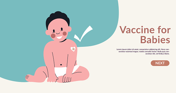 Vaccine for infant baby kids and toddler web banner template. Little child with bandage on shoulder from injection after vaccination. Healthcare and medicine concept. Flat vector cartoon illustration