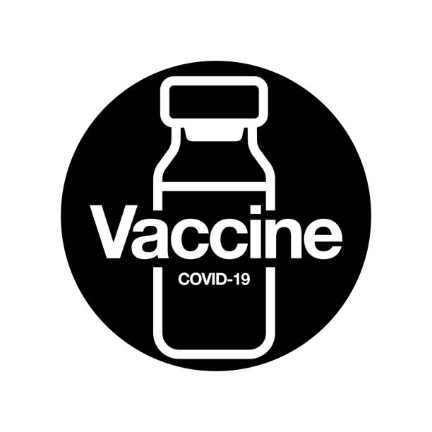 значок вакцины. медицинский флакон для инъекций изолирован на черном фоне. концепция медицины, covid-19 вакцинация. векторная иллюстрация. - covid vaccine stock illustrations
