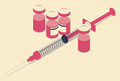 Illustration of a vaccine shown in four glass vials, along with a syringe, in isometric view. A limited color palette is derived from primary colors.