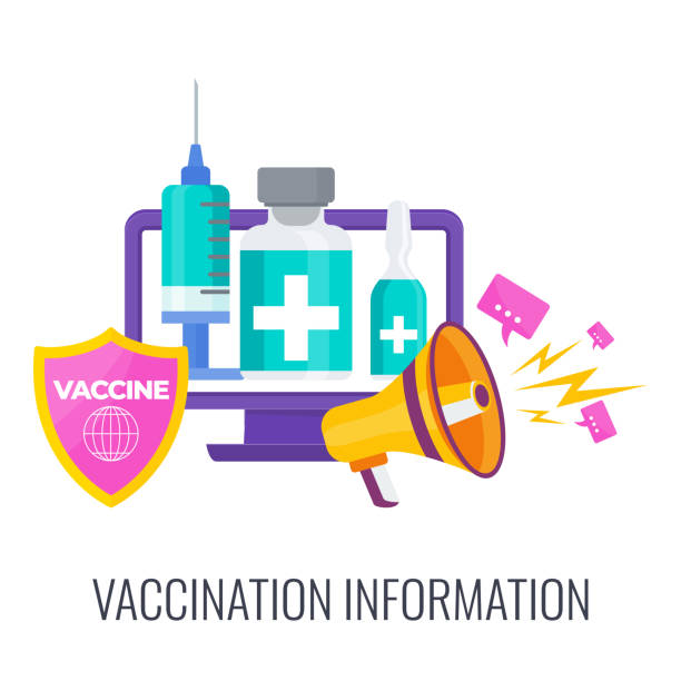 ilustraciones, imágenes clip art, dibujos animados e iconos de stock de información sobre vacunas. sitio web con contenido educativo de vacunación. - nurse talking to camera