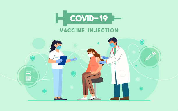 covid-19 иллюстрация вектора инъекций вакцины. врач вводит коронавирусную вакцину пациенту на зеленом фоне - covid vaccine stock illustrations