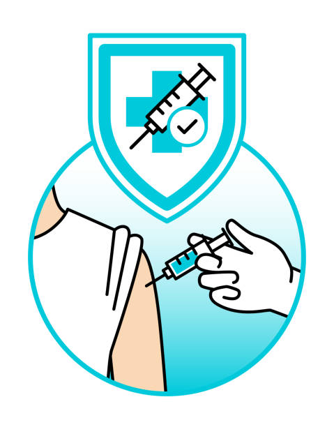 Vaccine protection flat icon Syringe in hand. Vaccination is like a shield to your immune system. Protecting you from viruses and other diseases. Doctor's hand in a glove, gives a vaccine to a person, in his/her arm. COVID-19 covid vaccine stock illustrations