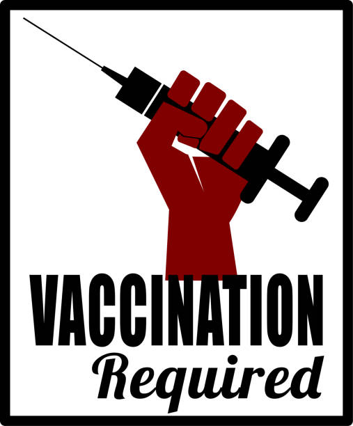 Vaccine Vaccination required sign with hand holding syringe vaccine mandate stock illustrations