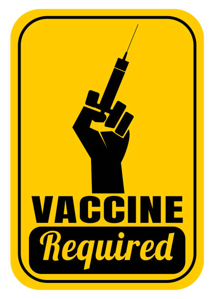 Vaccine Vaccination required sign with hand holding syringe vaccine mandate stock illustrations