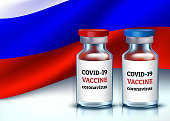 Covid-19 coronavirus vaccine. Two ampoules for vaccination, with red and blue caps against the background of the tricolor flag. 3d realistic vector illustration.