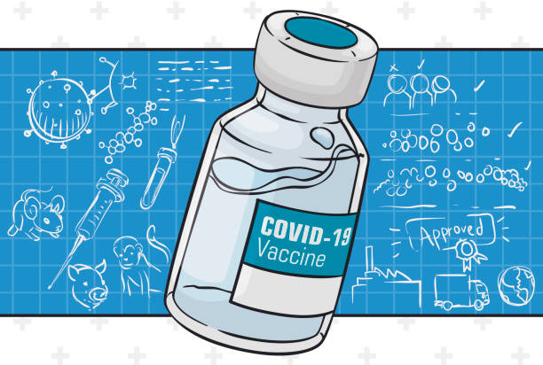 covid-19 вакцина флакон над квадратный совет с его этапами развития - covid vaccine stock illustrations