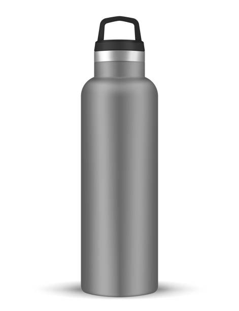 Vacuum insulated water bottle with carry handle, realistic vector mockup. Stainless steel shiny metal sport flask, template Vacuum insulated water bottle with carry handle, realistic vector mockup. Stainless steel shiny metal sport flask, template. reusable water bottle stock illustrations