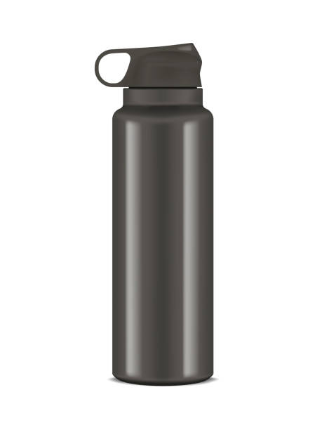 Vacuum insulated water bottle with carry handle, realistic vector illustration. Black metal sport flask, mockup Vacuum insulated water bottle with carry handle, realistic vector illustration. Black metal sport flask, mockup. reusable water bottle stock illustrations