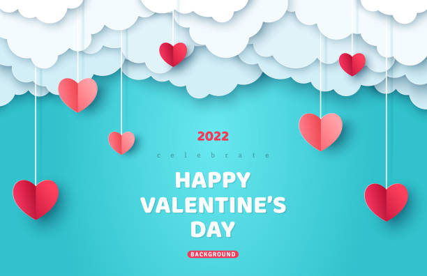 Valentin hearts and paper cut clouds vector art illustration
