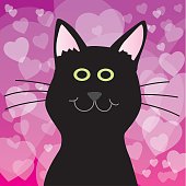 Vector illustration of a cute black cat against a whimsical hearts background,