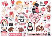 Valentine day set - cute cupid, rabbit, bear, hedgehog, wreath and hearts.  Perfect for scrapbooking, greeting card, party invitation, poster, tag, sticker kit. Vector illustration.