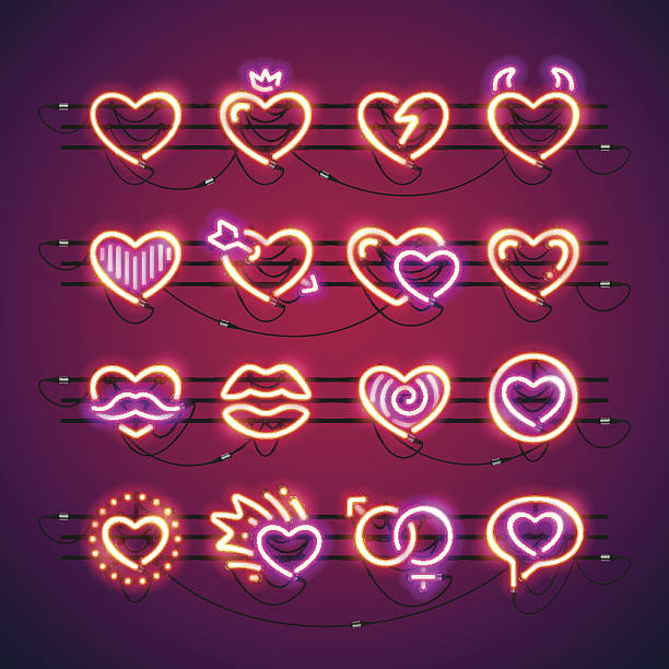 illustrazioni stock, clip art, cartoni animati e icone di tendenza di cuori al neon di san valentino - couple kiss