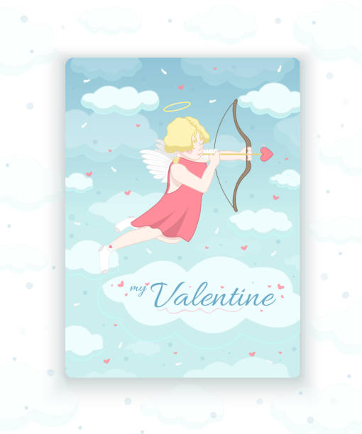 Valentine's Day card. Cupid shoots a bow and arrow. An angel in a red dress and white socks holds a bow and arrow. Vector illustration. The 14th of February. Love. Valentine's Day card. Cupid shoots a bow and arrow. An angel in a red dress and white socks holds a bow and arrow. Vector illustration. The 14th of February. Love animal limb stock illustrations