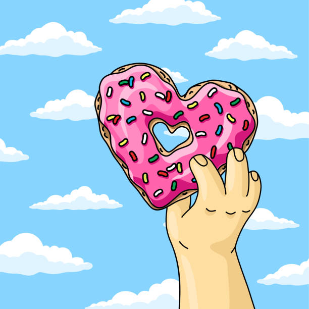 valentinstagskarte. mann hält cartoon donut herz mit rosa glasur gegen blauen himmel wunschwolken. - homer simpson stock-grafiken, -clipart, -cartoons und -symbole