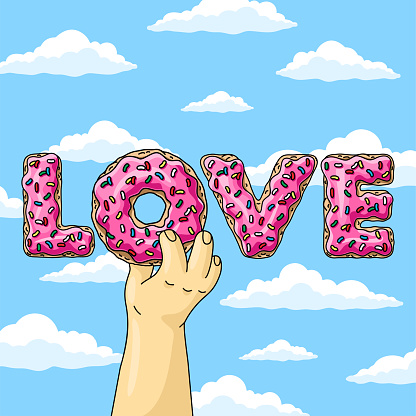 Valentine's Day card. Man holding cartoon donut LOVE with pink glaze against blue sky wish clouds.