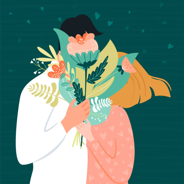 illustrazioni stock, clip art, cartoni animati e icone di tendenza di biglietto di san valentino con coppia felice. uomo che dà alla sua donna un mazzo di fiori. - kiss