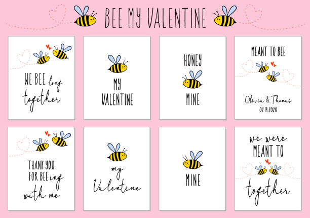 illustrazioni stock, clip art, cartoni animati e icone di tendenza di biglietti di san valentino con ape carina, set vettoriale - miniera