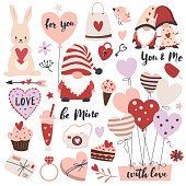 Valentine’s Day element set: gnome, love text, heart shape, cute rabbit, air balloons and calligraphy quotes.  Perfect for scrapbooking, greeting card, party invitation, poster, tag, sticker kit. Hand drawn vector illustration.