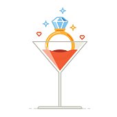 Valentines day, engagement ring, drink icon. Vector illustration on white background