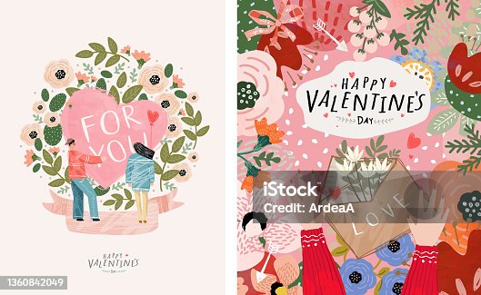 istock Valentine's day, February 14. Vector illustrations of love, couple, heart, valentine, king, queen, hands, flowers. Drawings for postcard, card, congratulations and poster. 1360842049