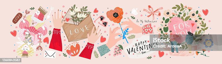 istock Valentine's day, February 14. Vector illustrations of love, couple, heart, valentine, king, queen, hands, flowers. Drawings for postcard, card, congratulations and poster. 1360843582
