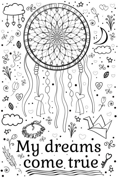 Valentines day, hearts. Dream Fulfillment poster. Postcard, birthday. Collection. Cozy. Romance. Holiday in February. Vector graphic black white Woman coloring book or page, Line. Ethnic boho set Dream Catcher. My dreams come true. Bed time story. 14 February. Collection of scrap elements for design. Cartoon vector Doodle illustration quote coloring pages stock illustrations