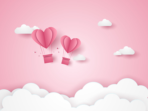 Valentines day, Illustration of love, pink heart hot air balloons flying in the pink sky, paper art style