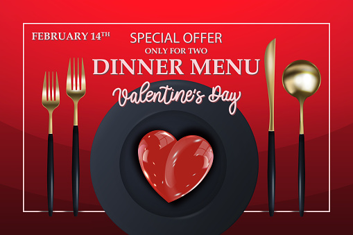 Valentine's Day menu design with golden fork, spoon, knife on a red background. Romance, February 14, Dinner, Food concept. Vector illustration for banner, poster, menu, leaflet, advertisement.