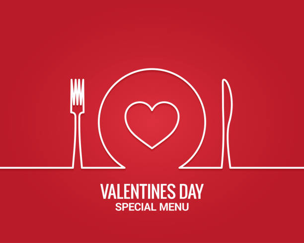 Valentines day menu. Fork and knife with plate line. Valentines day menu. Fork and knife with plate line. Restaurant menu on red background 10 eps dinner stock illustrations