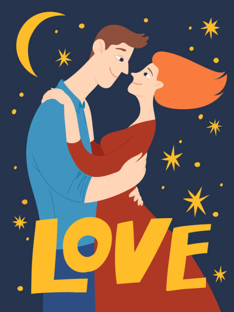 Valentines day poster or card with couple in love kissing Vector romantic valentines day card with lovers man and woman hugs each other and kiss on night background. Minimal flat style in color. romance book cover stock illustrations
