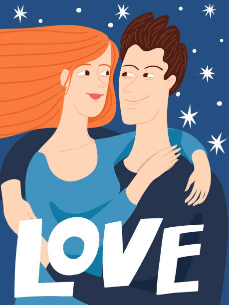 Valentines day poster or card with couple in love Vector romantic valentines day card with lovers man and woman in love on night background. Minimal flat style in color. romance book cover stock illustrations