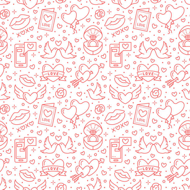 Valentines day seamless pattern. Love, romance flat line icons - hearts, engagement ring, kiss, balloons, doves, valentine card. Red white colored wallpaper for february 14 celebration Valentines day seamless pattern. Love, romance flat line icons - hearts, engagement ring, kiss, balloons, doves, valentine card. Red white colored wallpaper for february 14 celebration. wedding backgrounds stock illustrations