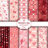 Valentine's Day set of ten seamless patterns. The color palette is neutral (not vibrant, close to vintage colors). The used colors are a tint of burgundy, red, pink, beige and white.
