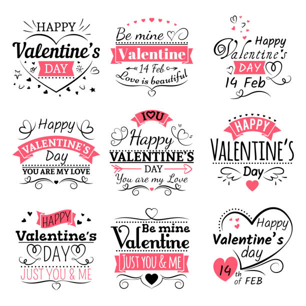 Valentines Day typography, ribbon banners and decoration elements vector set Valentines Day typography, ribbon banners and decoration elements vector set. Vintage lettering line labels happy valentines day stock illustrations