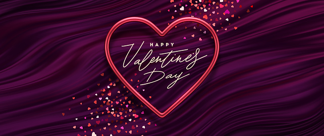 Valentines day vector illustration. Calligraphic greeting in heart shaped metallic frame on a purple fluid waves background. Love symbol - realistic red metallic 3d hearts.